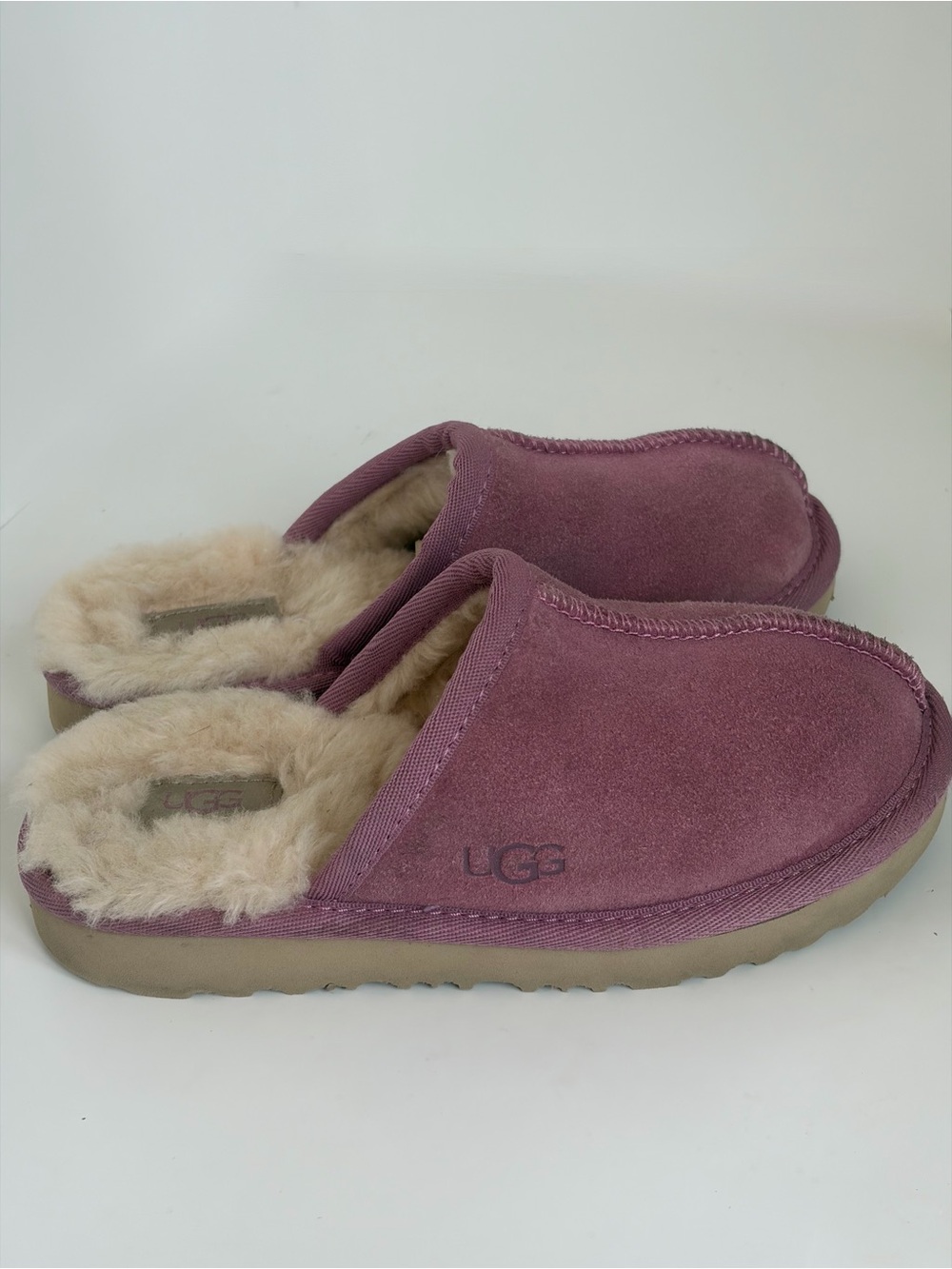 UGG Little Girls Pink Mauve Suede Slide Slippers with Shearling Lining size 12